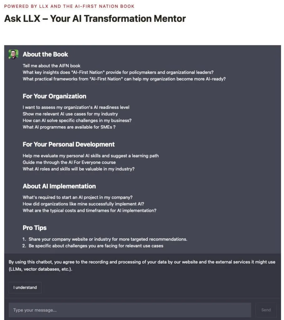 Ask LLX - AI Transformation Mentor screenshot showing how to use it for doing your AIRI (AI Readiness Index), pAIRI (Personal AI Readiness) and AI4E or finding AI use cases.
